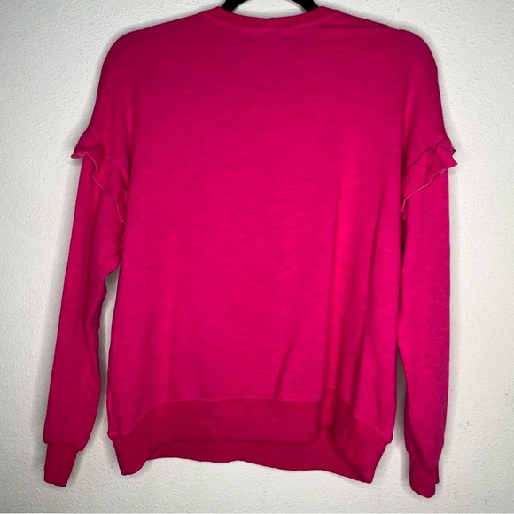 NWT Monrow Supersoft Crewneck Ruffle Sleeve Pullover, Fuschia, size XS - Picture 2 of 5